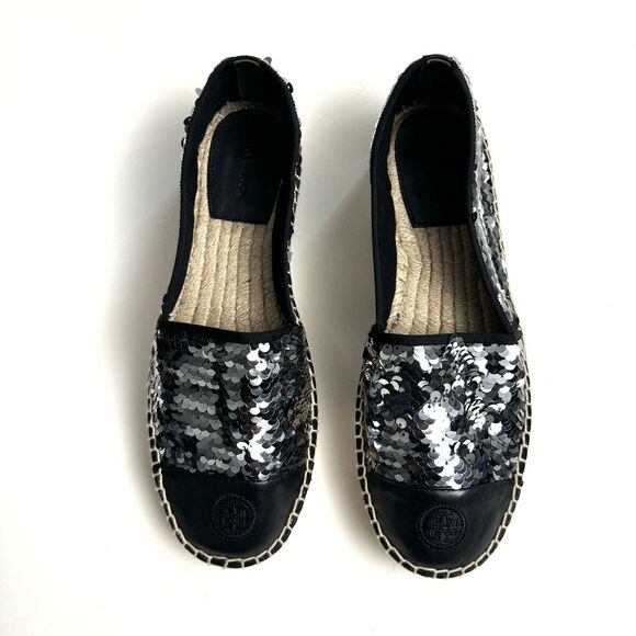 TORY BURCH FLAT ESPADRILLE BLACK SEQUIN WOMEN'S SIZE 10 - Picture 1 of 10
